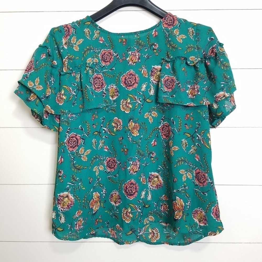 Xhilaration Ruffled Green Floral Print Blouse XS